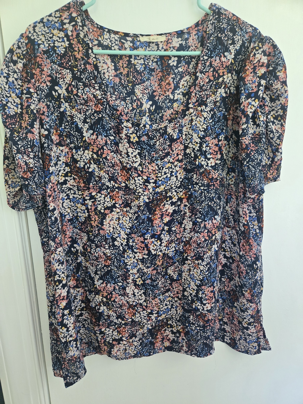 Maurices Navy Floral Puff-Sleeve Blouse with Pink & White Accents